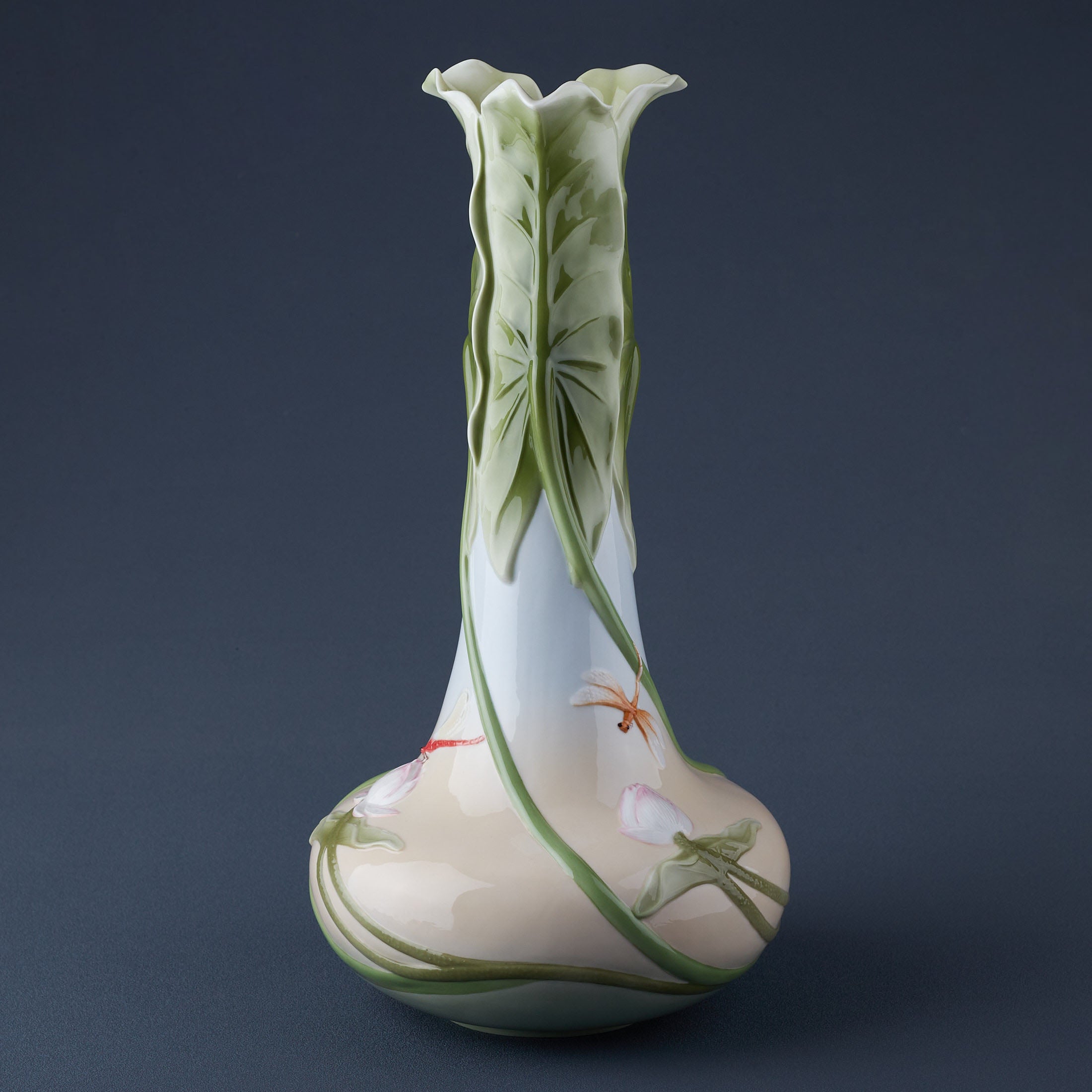 Triple Lotus Leaves Tall Vase With Red Dragon Fly