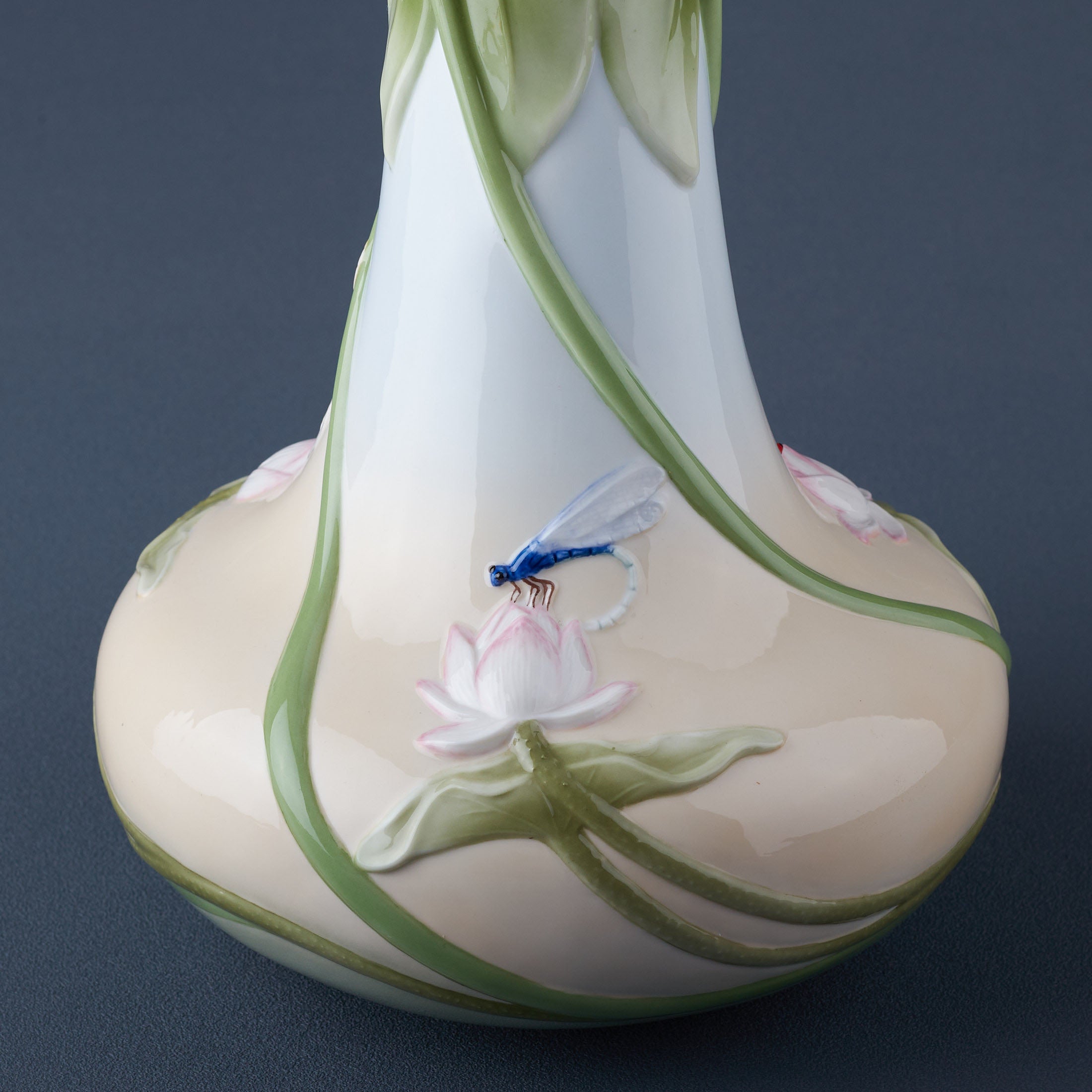 Triple Lotus Leaves Tall Vase With Red Dragon Fly