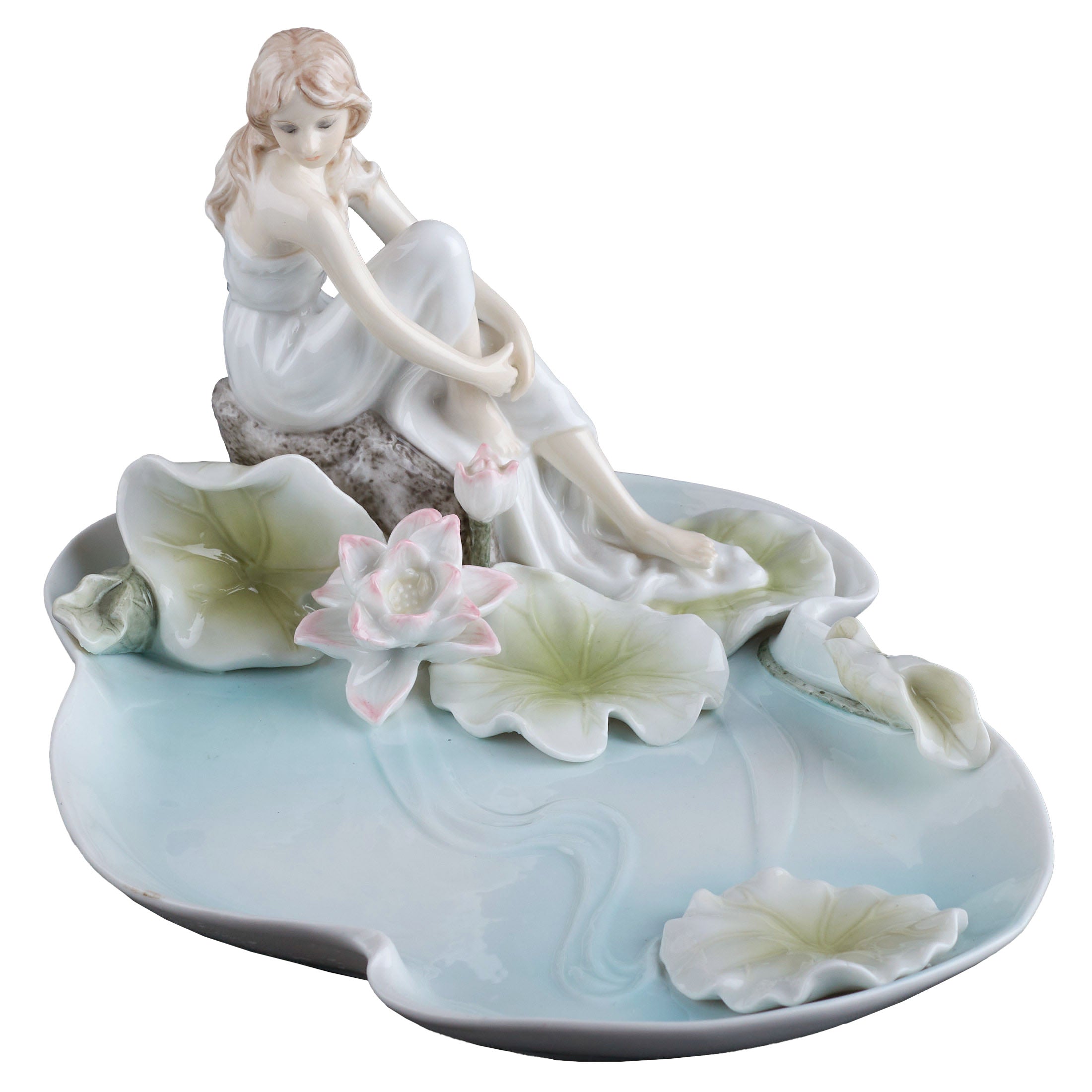 Girl Sitting By Lotus Pond Tray