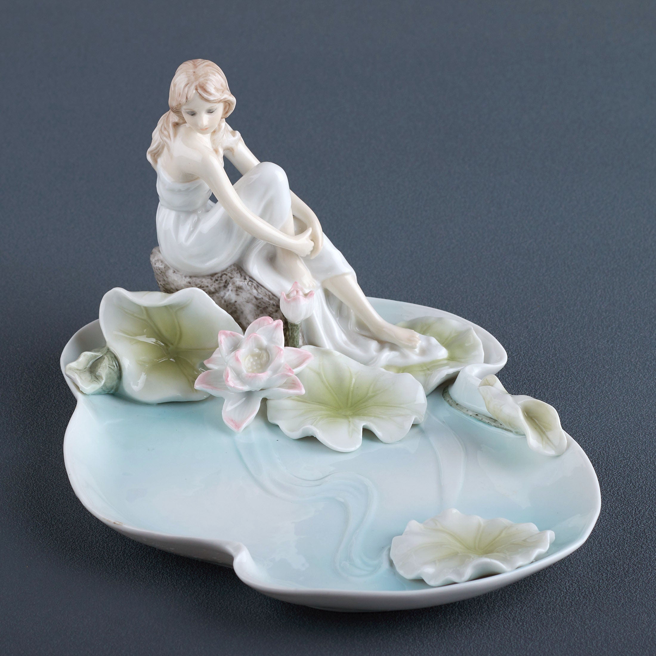 Girl Sitting By Lotus Pond Tray