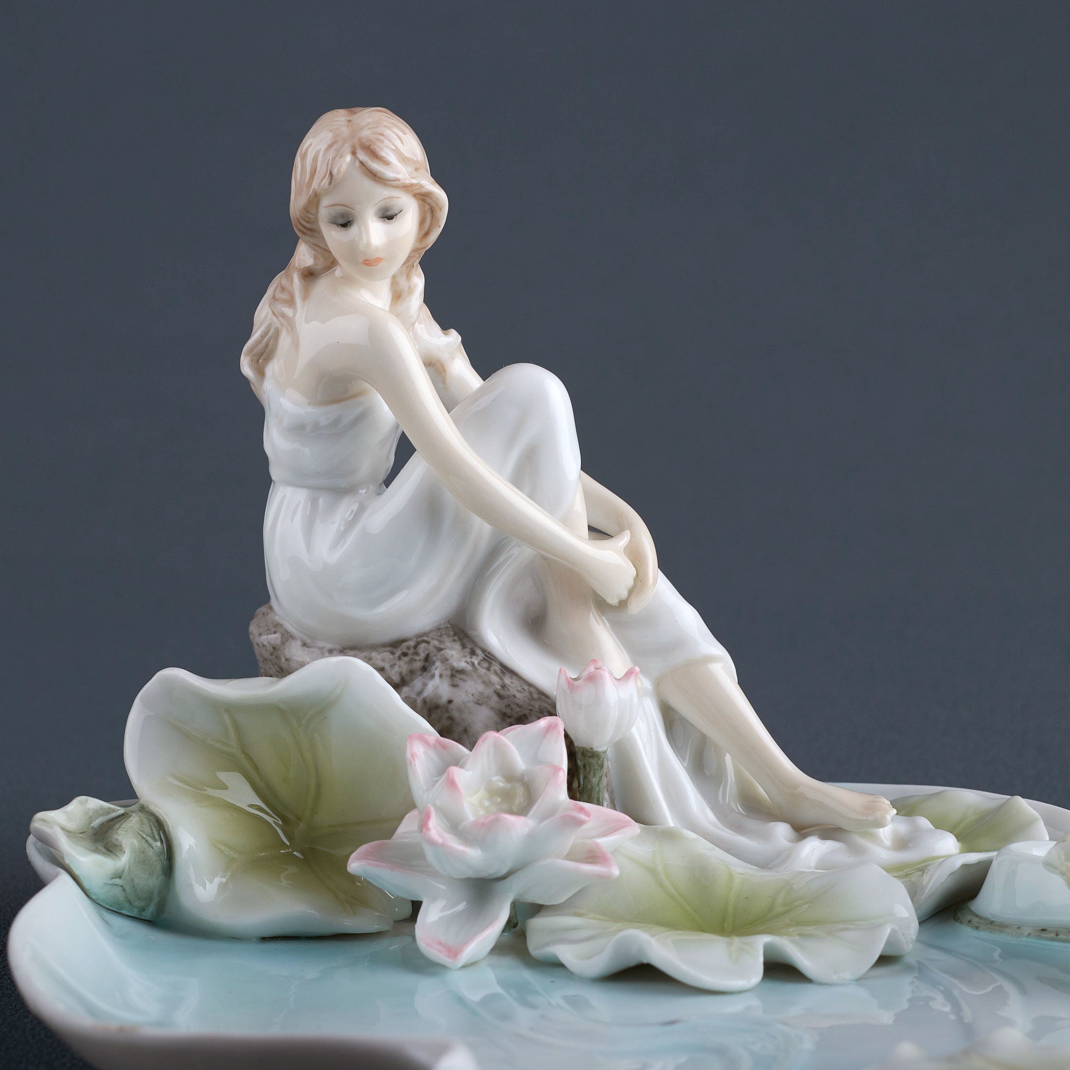 Girl Sitting By Lotus Pond Tray