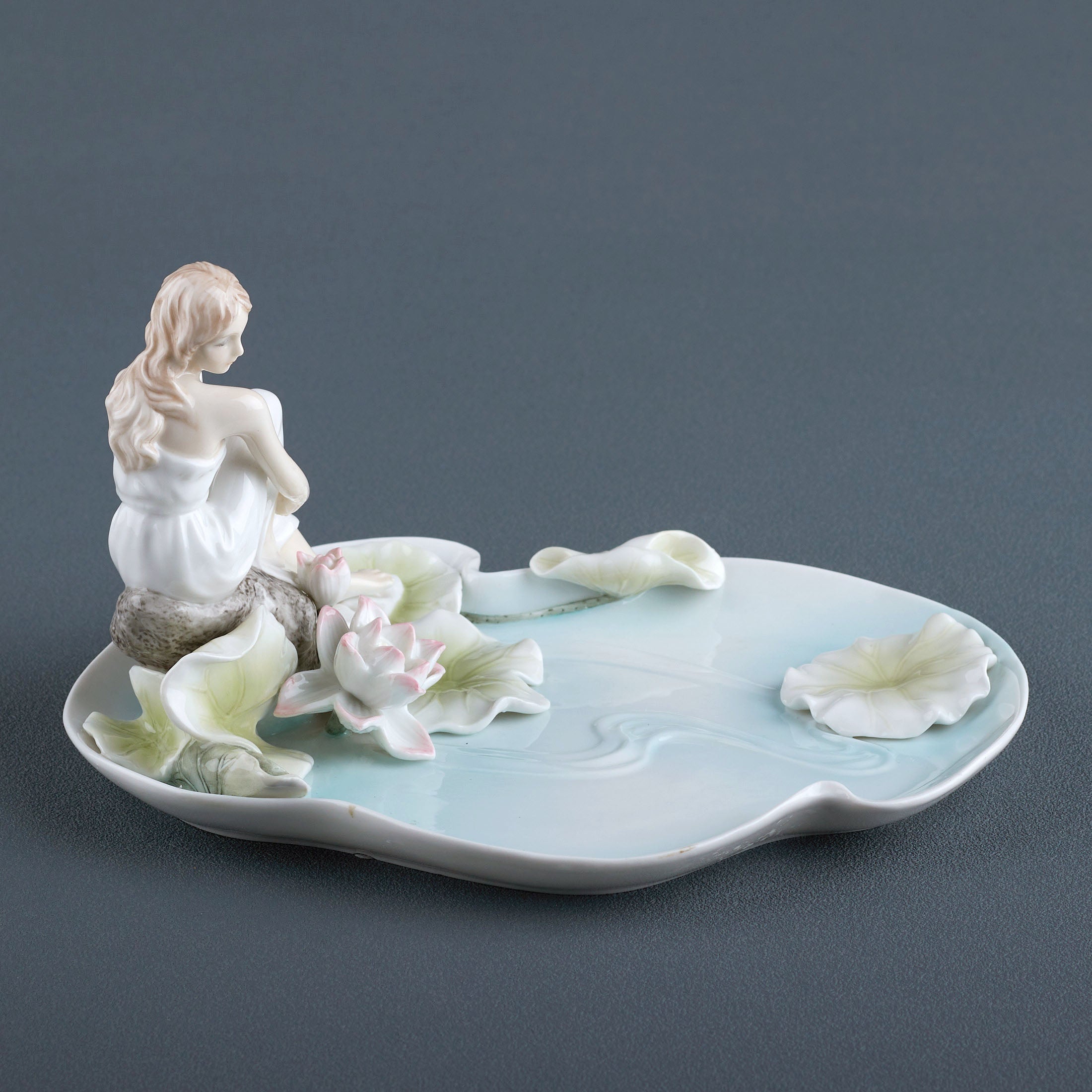 Girl Sitting By Lotus Pond Tray