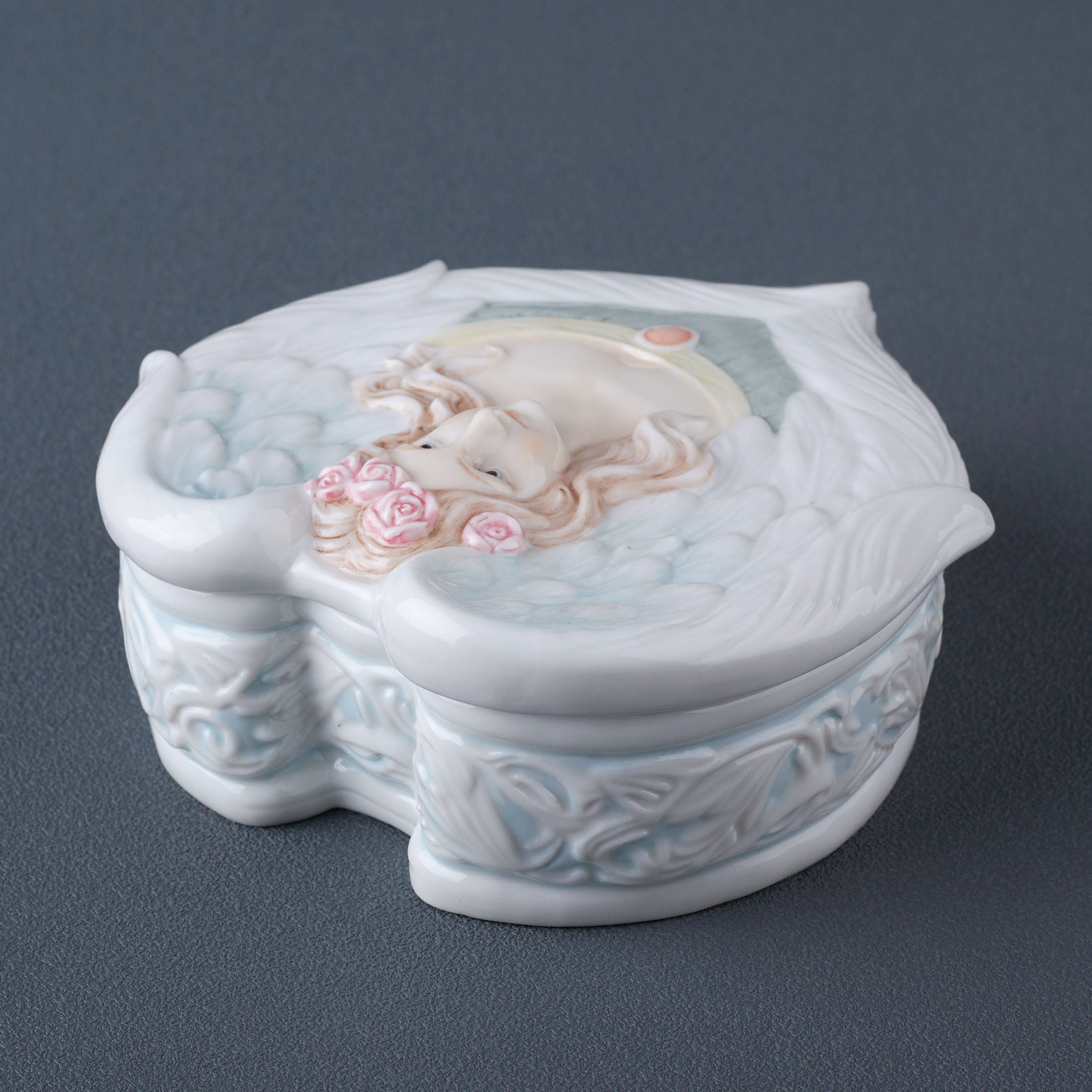 Angel With Rose Head Wreath Trinket Box