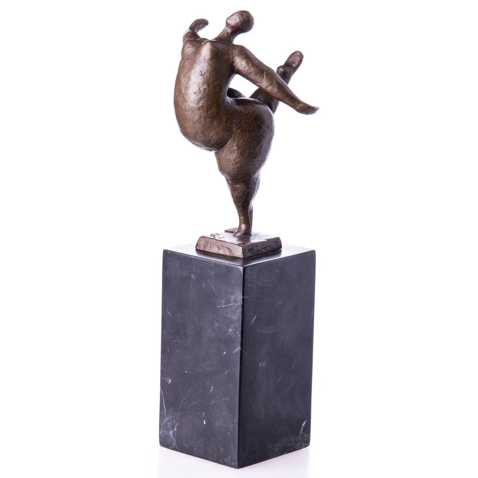 Abstract bronze balancing human figure sculpture mounted on a tall black marble pedestal against a white background.