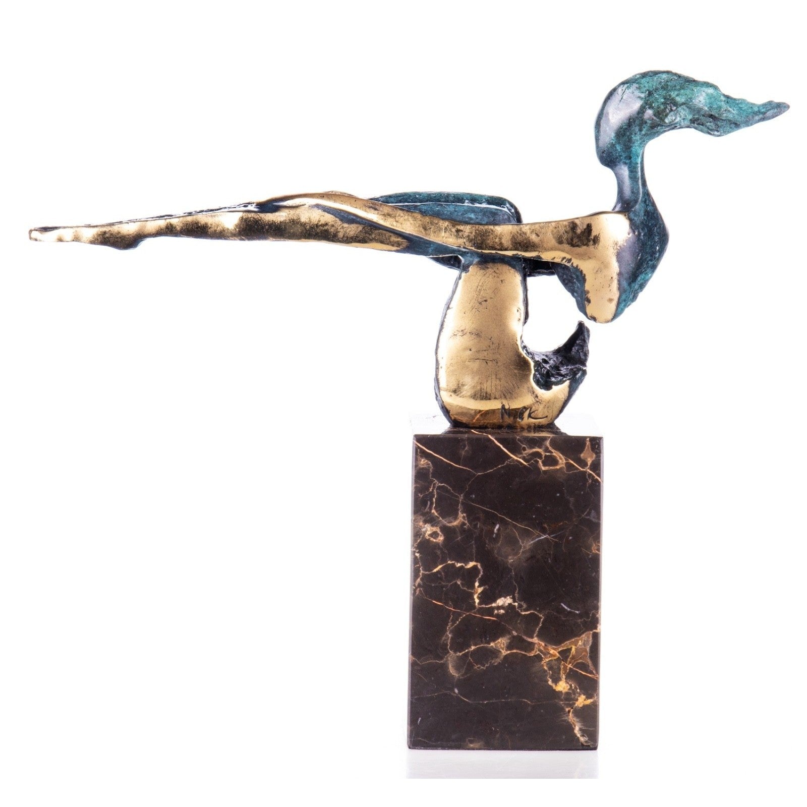Abstract handcrafted bronze diving bird sculpture with verdigris patina mounted on a polished dark marble base.