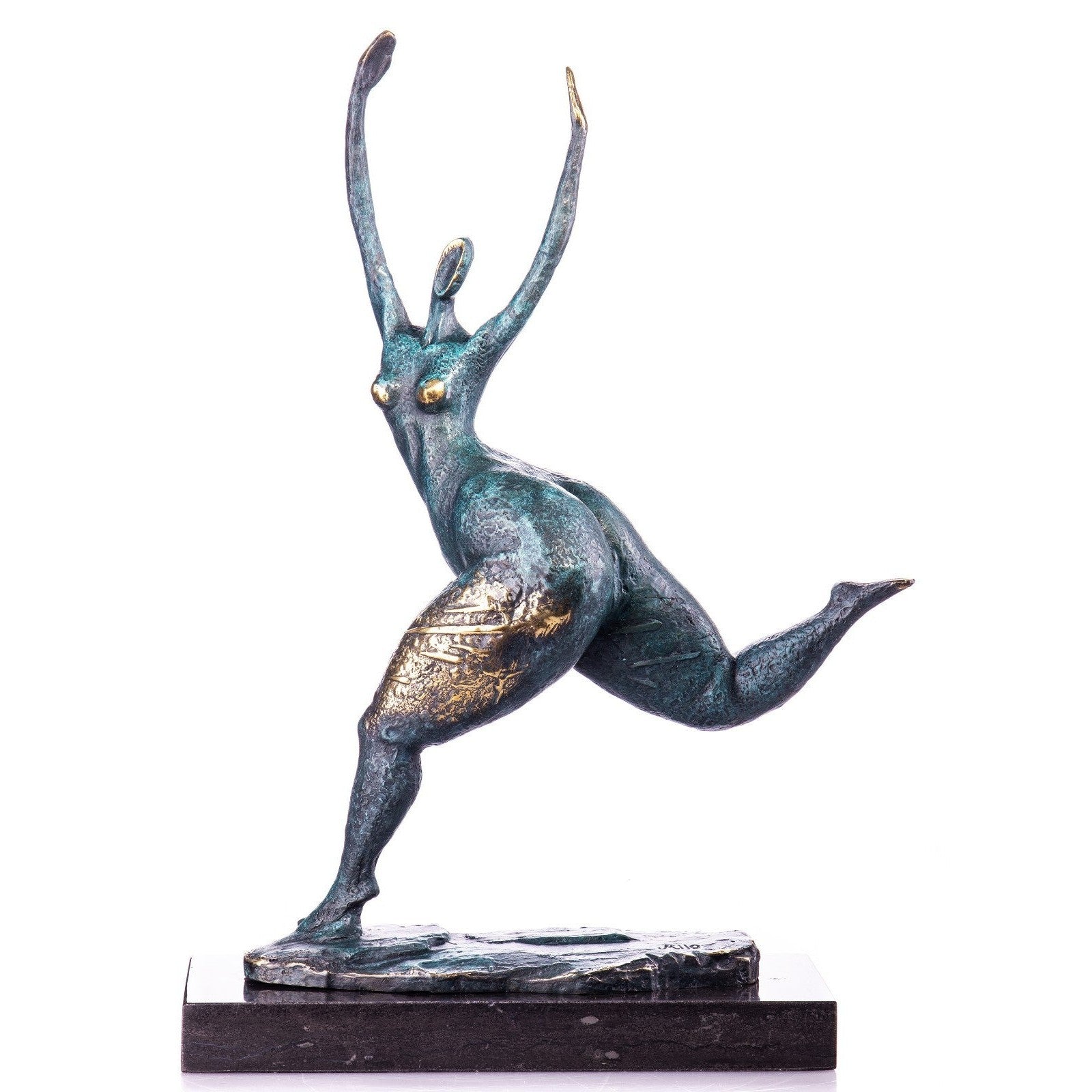 Abstract bronze sculpture of a leaping female figure with raised arms, verdigris finish, gold accents, and a marble base.