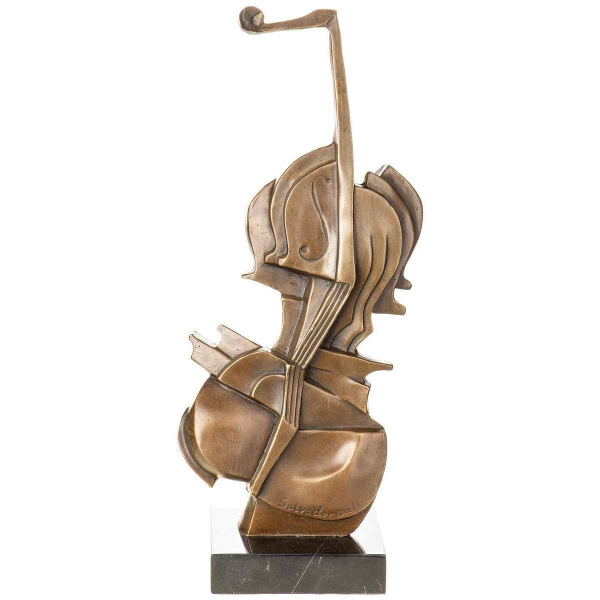 Abstract bronze cello sculpture with geometric modern design displayed on a marble base.