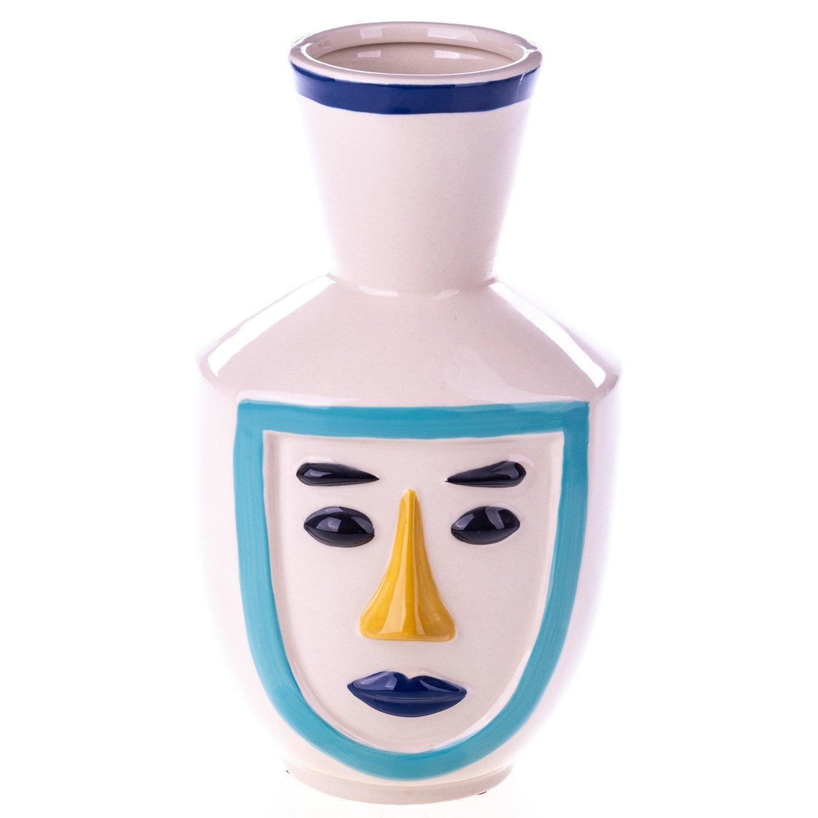 Modern ceramic vase featuring a stylized abstract face with turquoise border, black eyes, yellow nose, and white glazed finish.