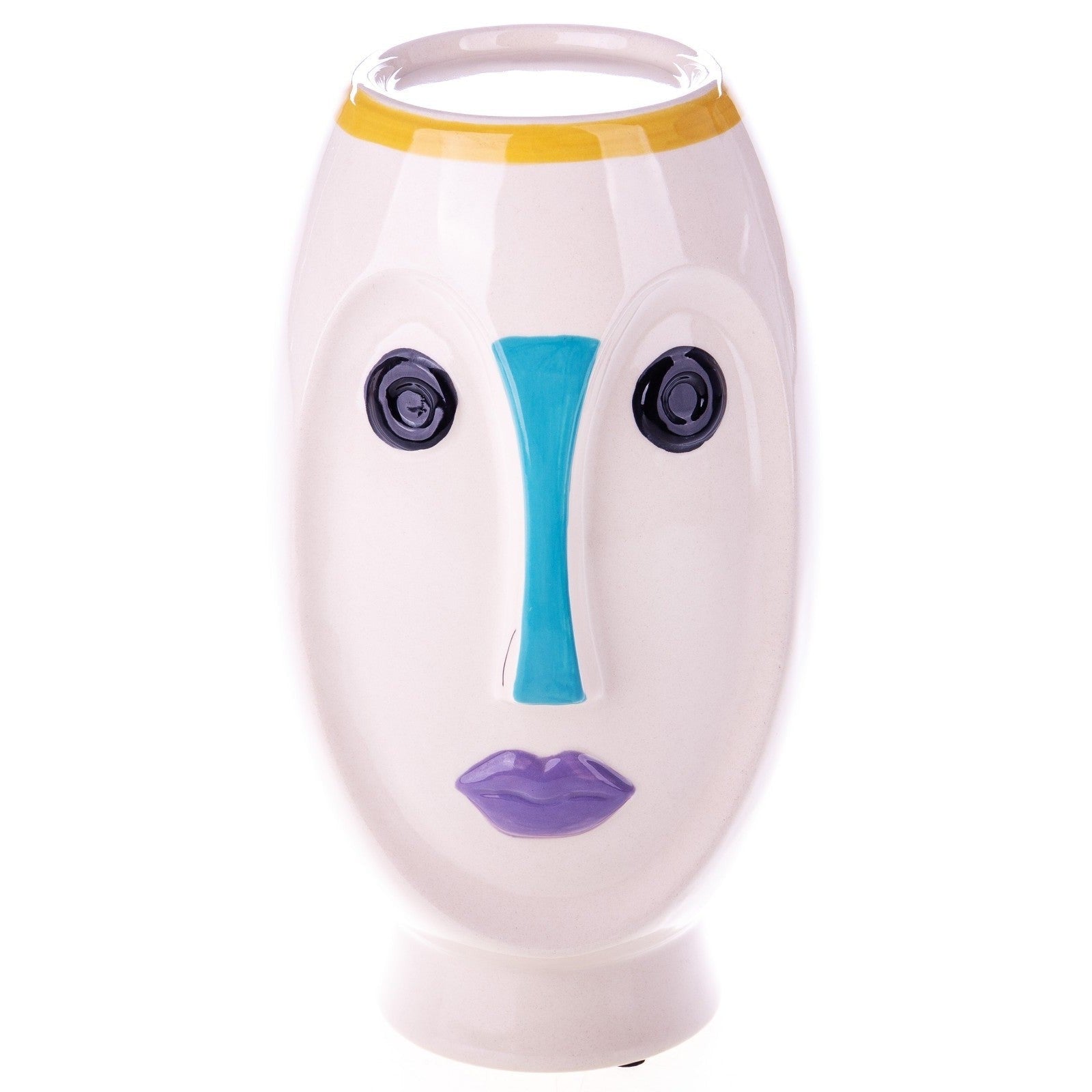 Handcrafted white ceramic vase featuring an abstract human face with black eyes, turquoise nose, lavender lips, and a gold rim.