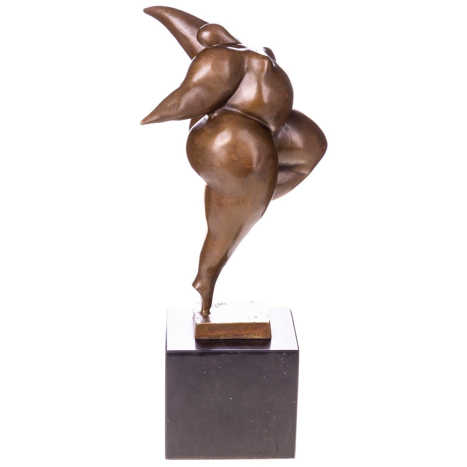 Abstract bronze female form sculpture with flowing curves mounted on a polished black marble base.
