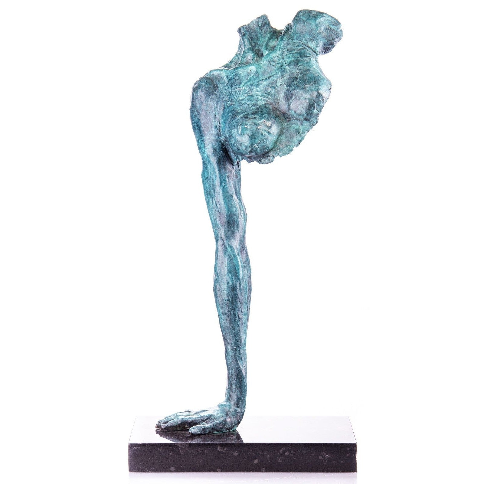 Abstract bronze figurative sculpture with verdigris patina balancing on one elongated leg atop a black marble base.