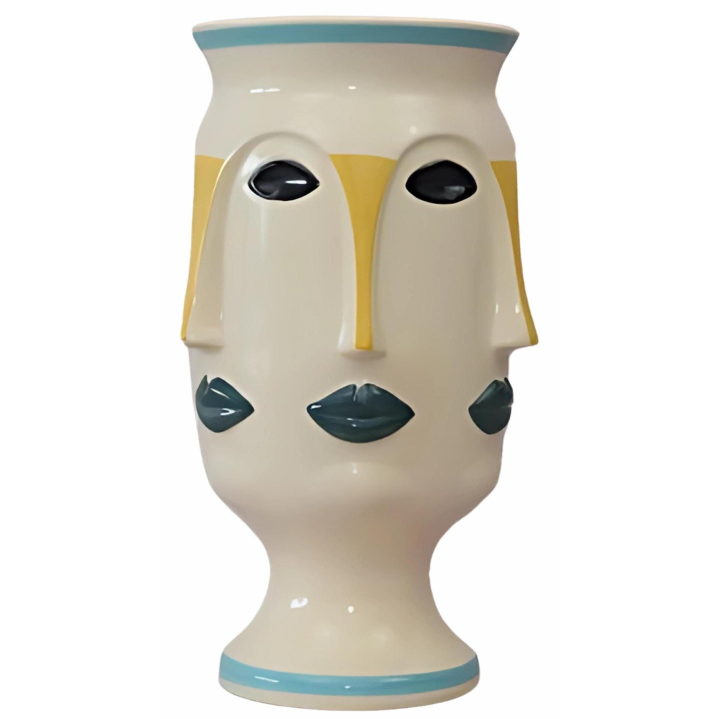 Handcrafted ceramic vase featuring three abstract faces with ivory glaze and pastel blue, yellow, and teal accents.