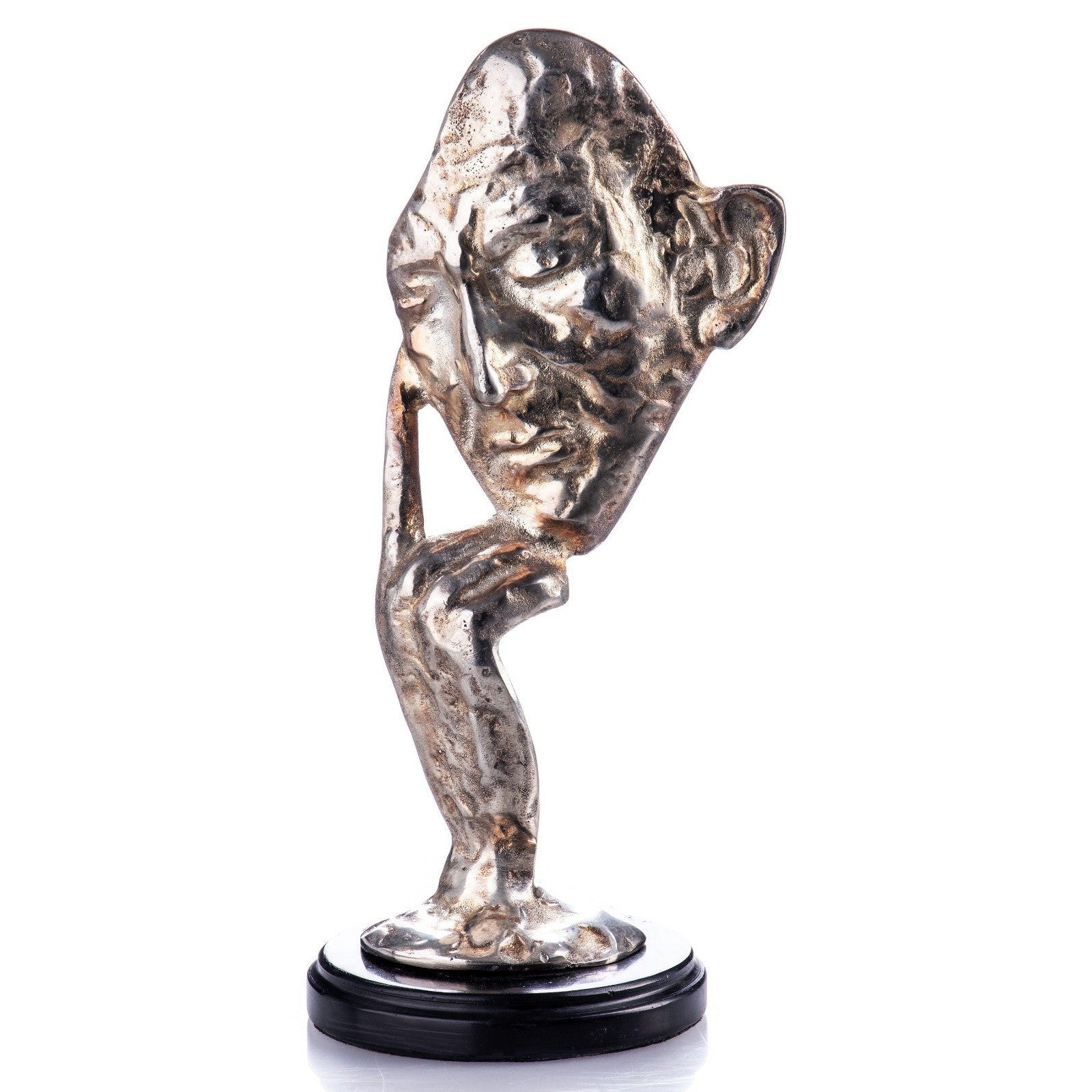 Handcrafted bronze abstract thinking face sculpture with elongated features on a black display base.