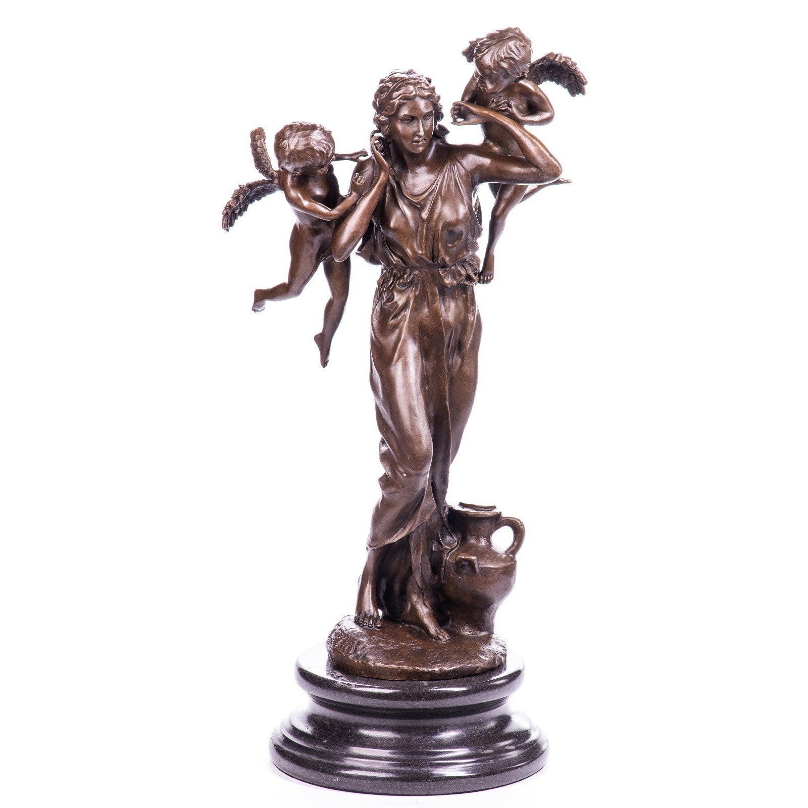 Handcrafted bronze sculpture of a graceful woman accompanied by two winged cherubs on a polished marble base.
