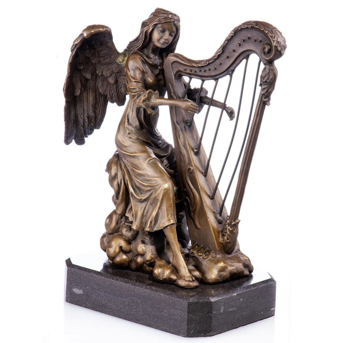 Angel Playing Harp | Handcrafted Bronze Decor | Gift Idea