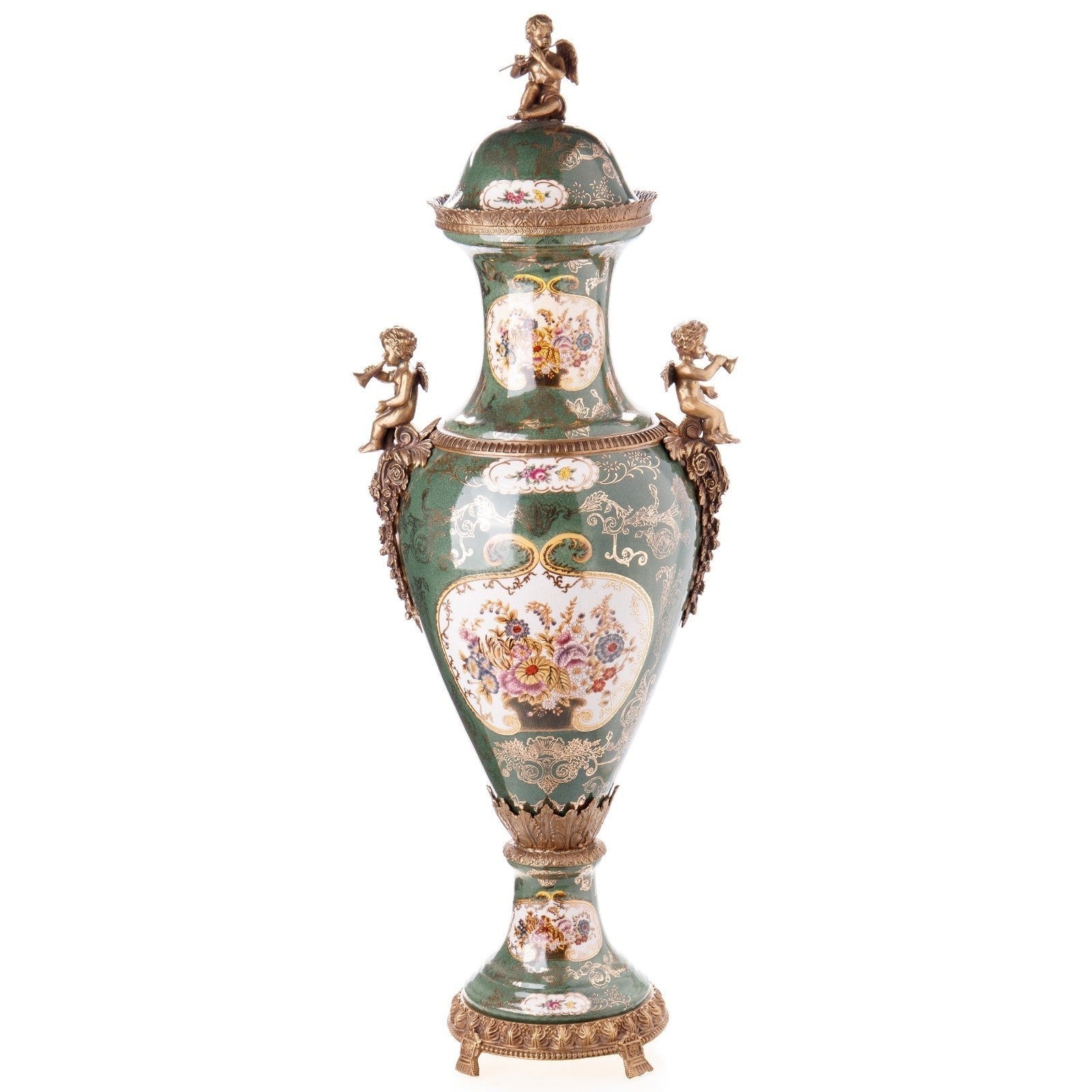Cherub Mounted Lidded Urn | Handcrafted Porcelain Decor | Gift Idea