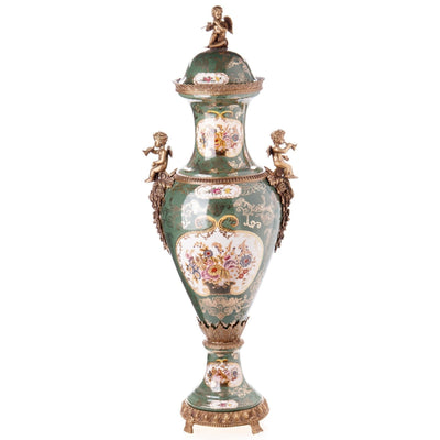 Cherub Mounted Lidded Urn | Handcrafted Porcelain Decor | Gift Idea