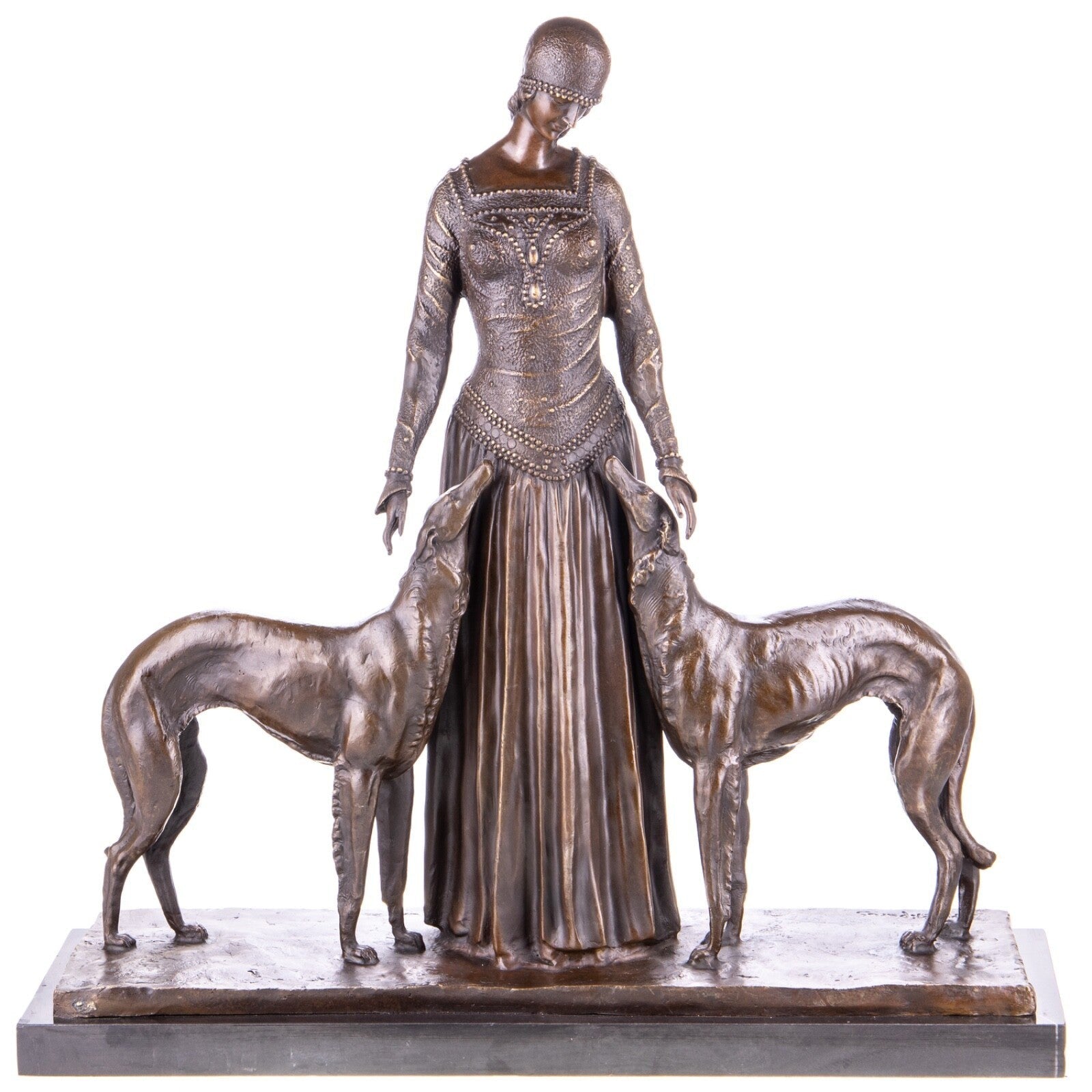 Elegant Lady with Greyhounds | Handcrafted Bronze Decor
