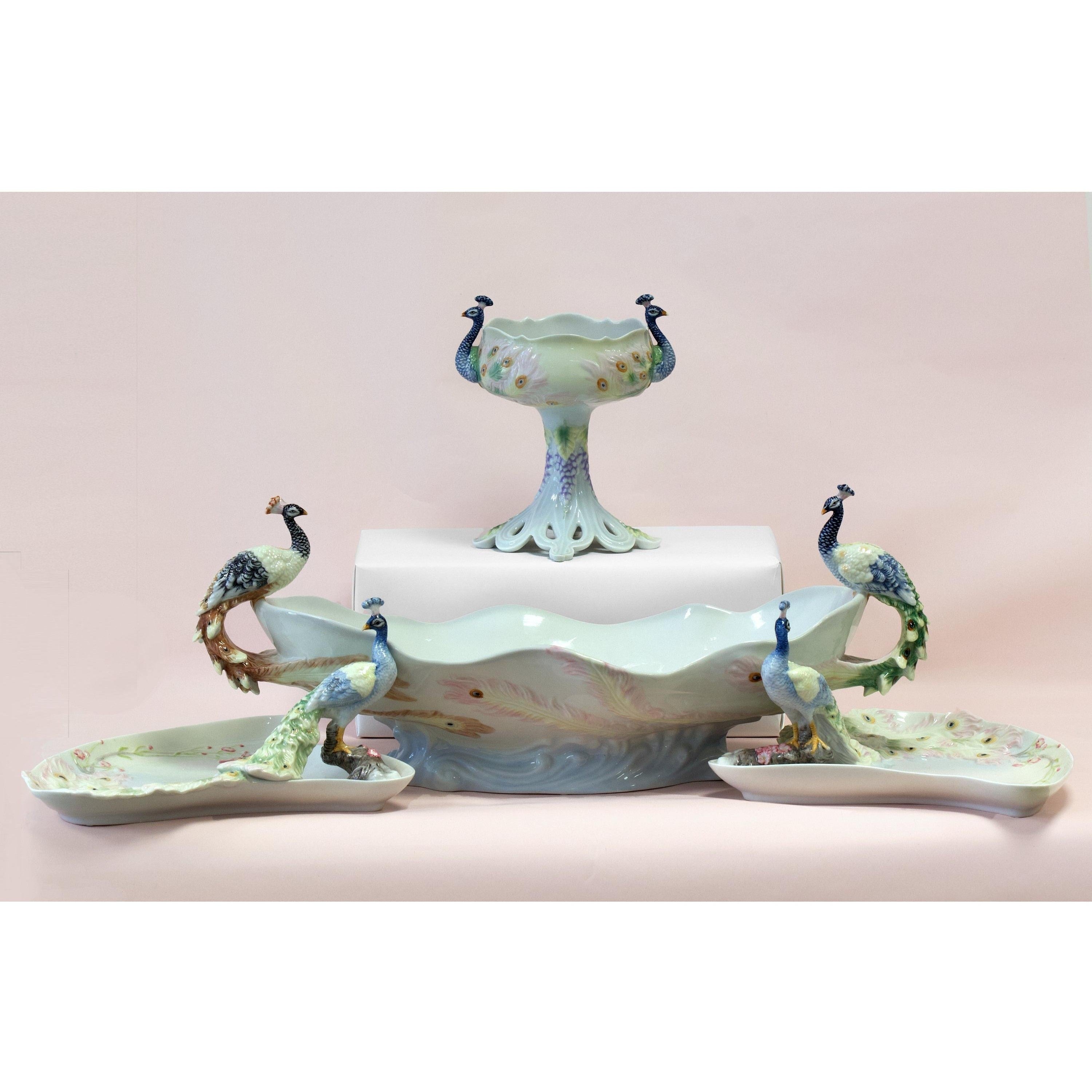 Peacock Porcelain Centerpiece Set | Handcrafted Porcelain Decor