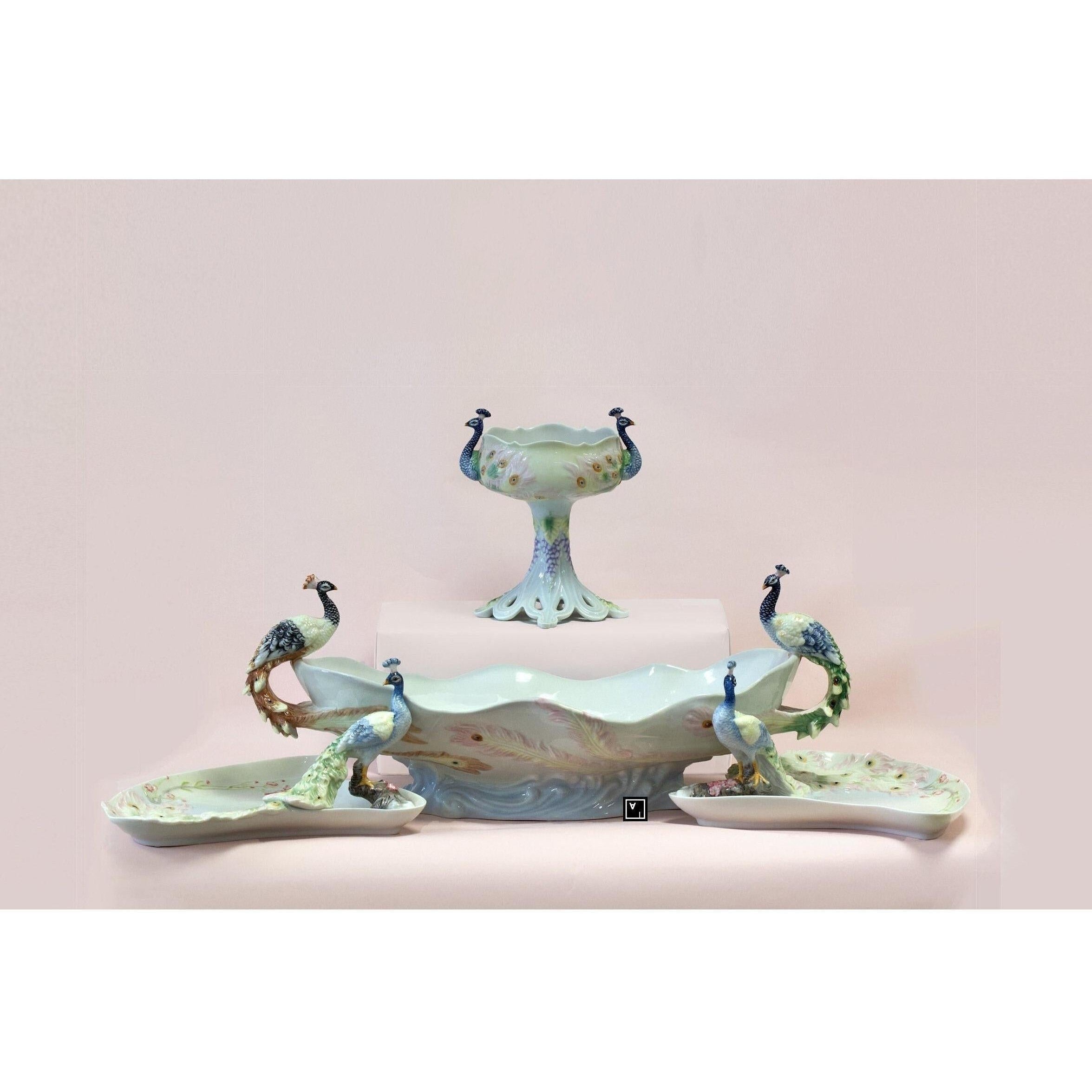 Peacock Porcelain Centerpiece Set | Handcrafted Porcelain Decor
