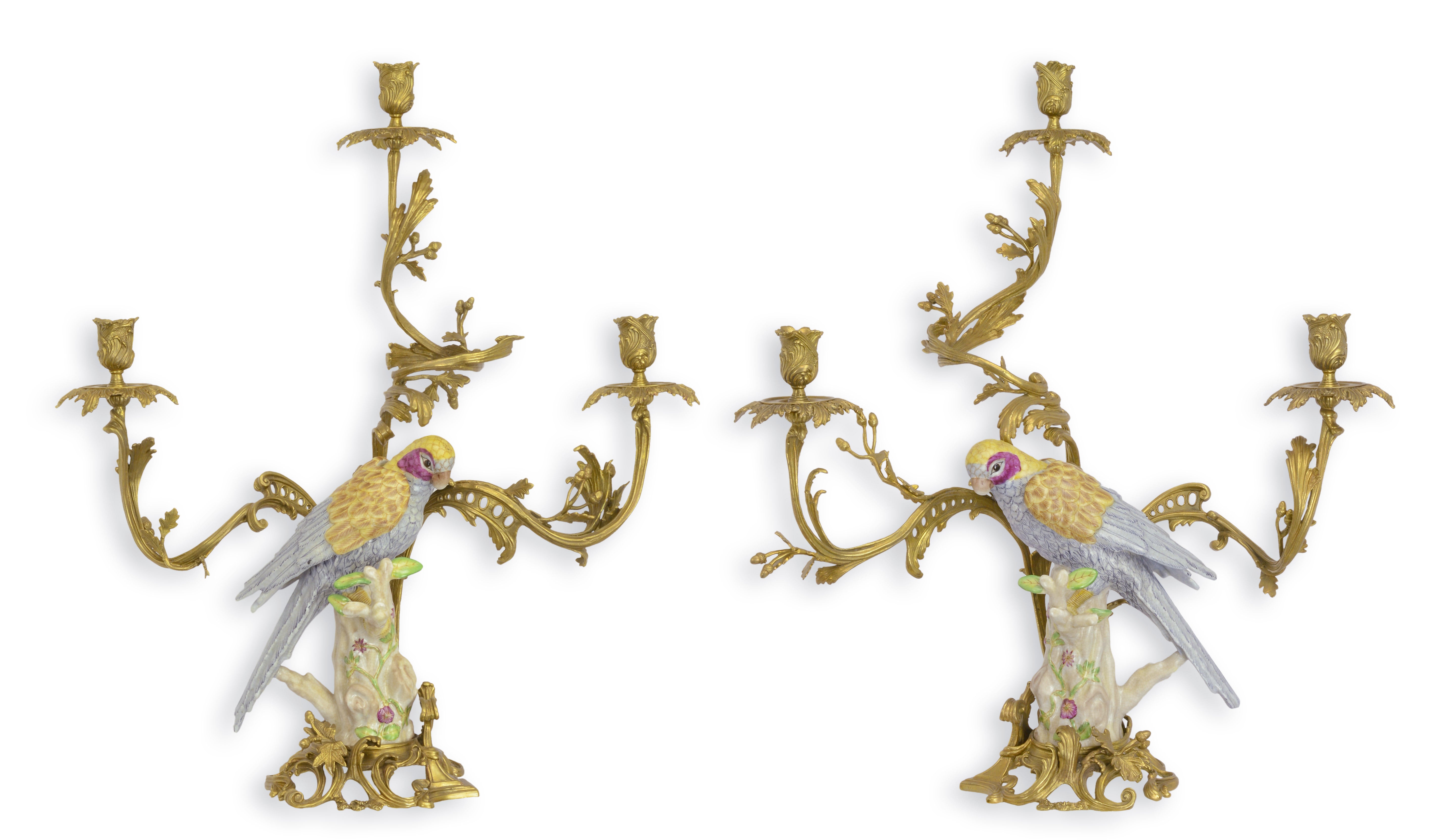 Pair Bronze Mounted Porcelain Parrot Candle Holder