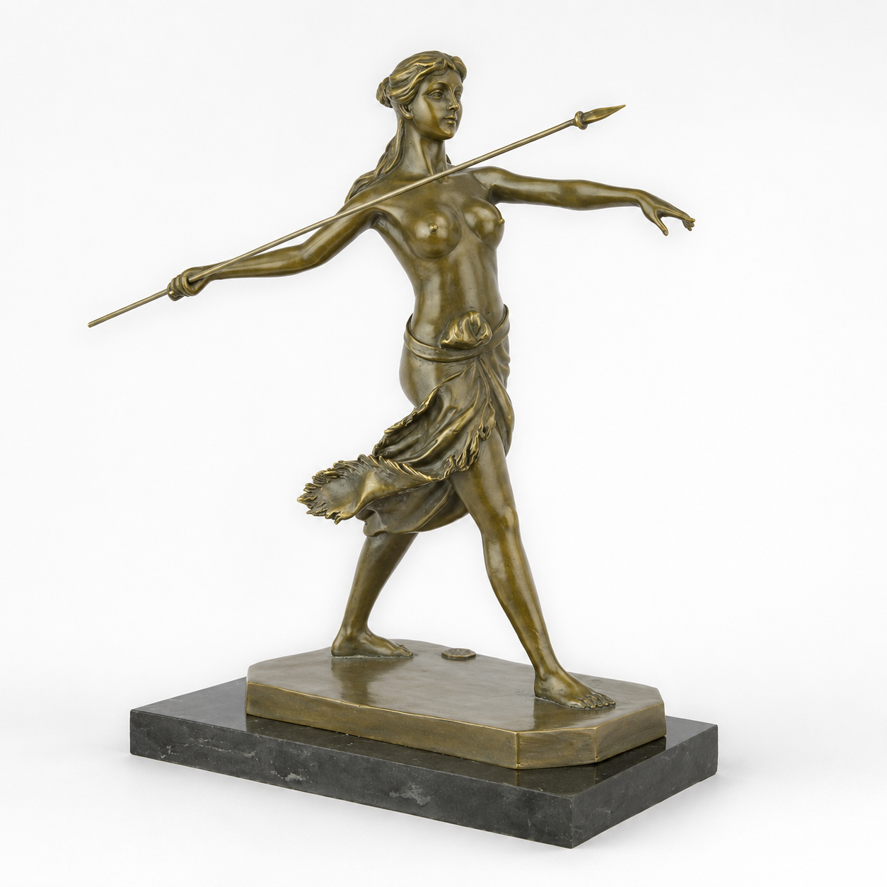 Spear-Wielding Diana Figure | Handcrafted Bronze Decor | Gift Idea