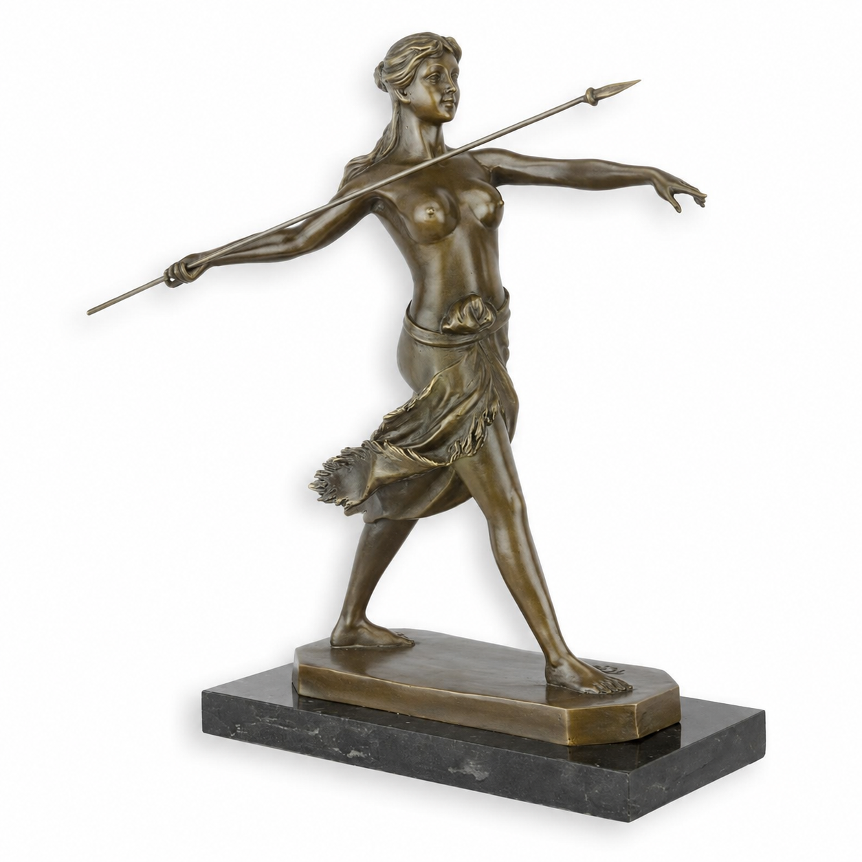 Spear-Wielding Diana Figure | Handcrafted Bronze Decor | Gift Idea