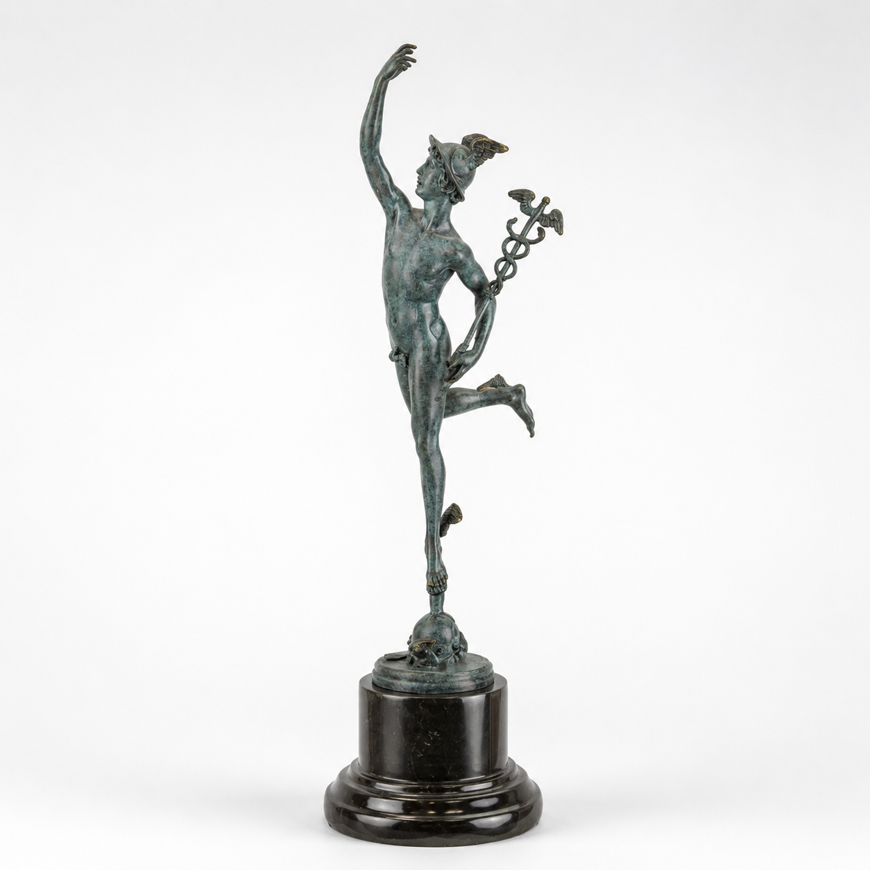 Green Patina Bronze Sculpture of Mercury with Winged Helmet