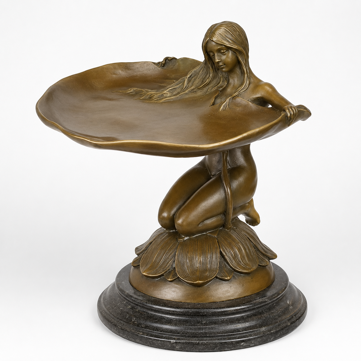 Lotus Maiden Pedestal Bowl | Handcrafted Bronze Decor