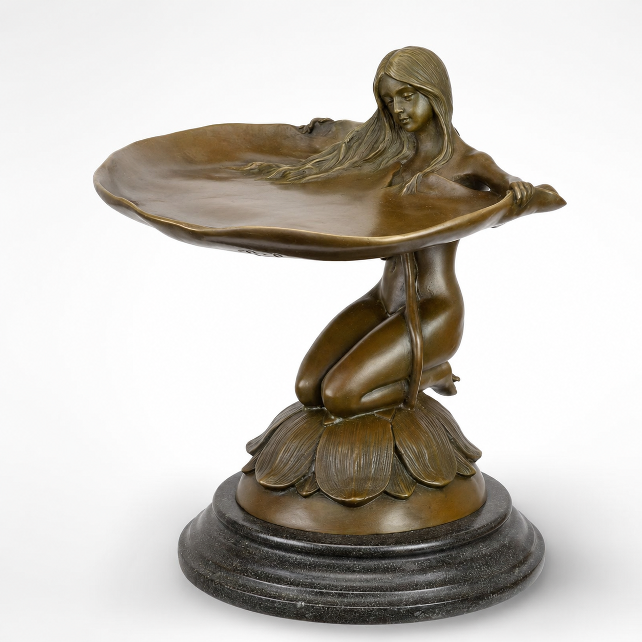 Lotus Maiden Pedestal Bowl | Handcrafted Bronze Decor