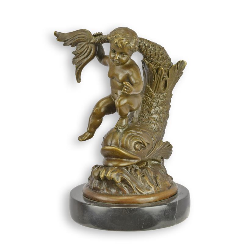 Putto on a Fish Bronze Sculpture