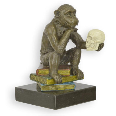 Darwin Monkey on Books Antique Color Bronze Sculpture