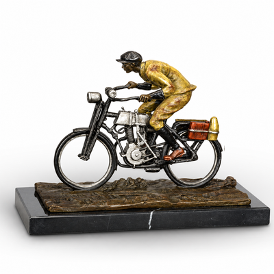 Bronze Sculpture of a Vintage Motorcyclist in Motion, Figurines & Stat