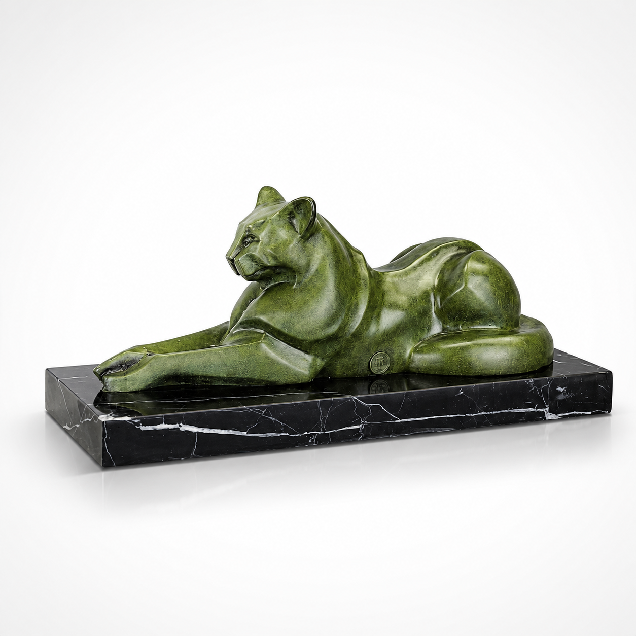 Modernist Bronze Reclining Cat Sculpture on Marble Base