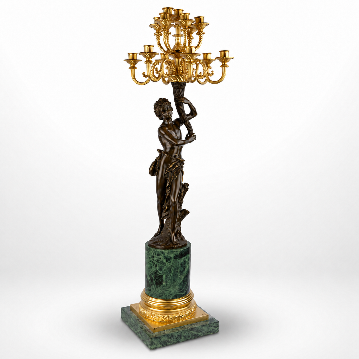 Thirteen-light Bronze Figural Candelabrum on Marble Base
