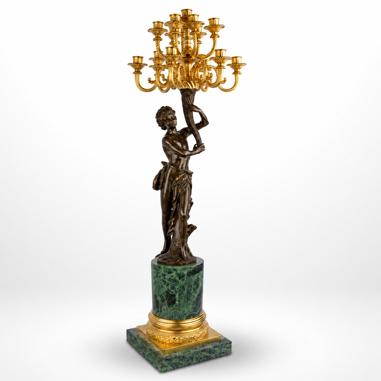 Thirteen-light Bronze Figural Candelabrum on Marble Base