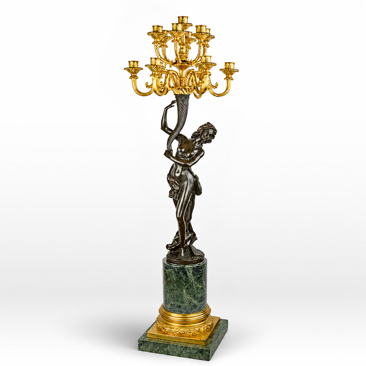 Thirteen-light Bronze Figural Candelabrum on Marble Base