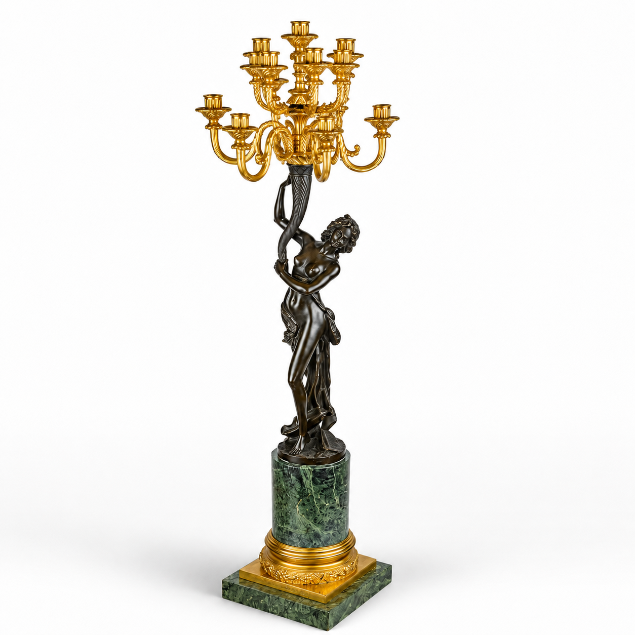 Thirteen-light Bronze Figural Candelabrum on Marble Base