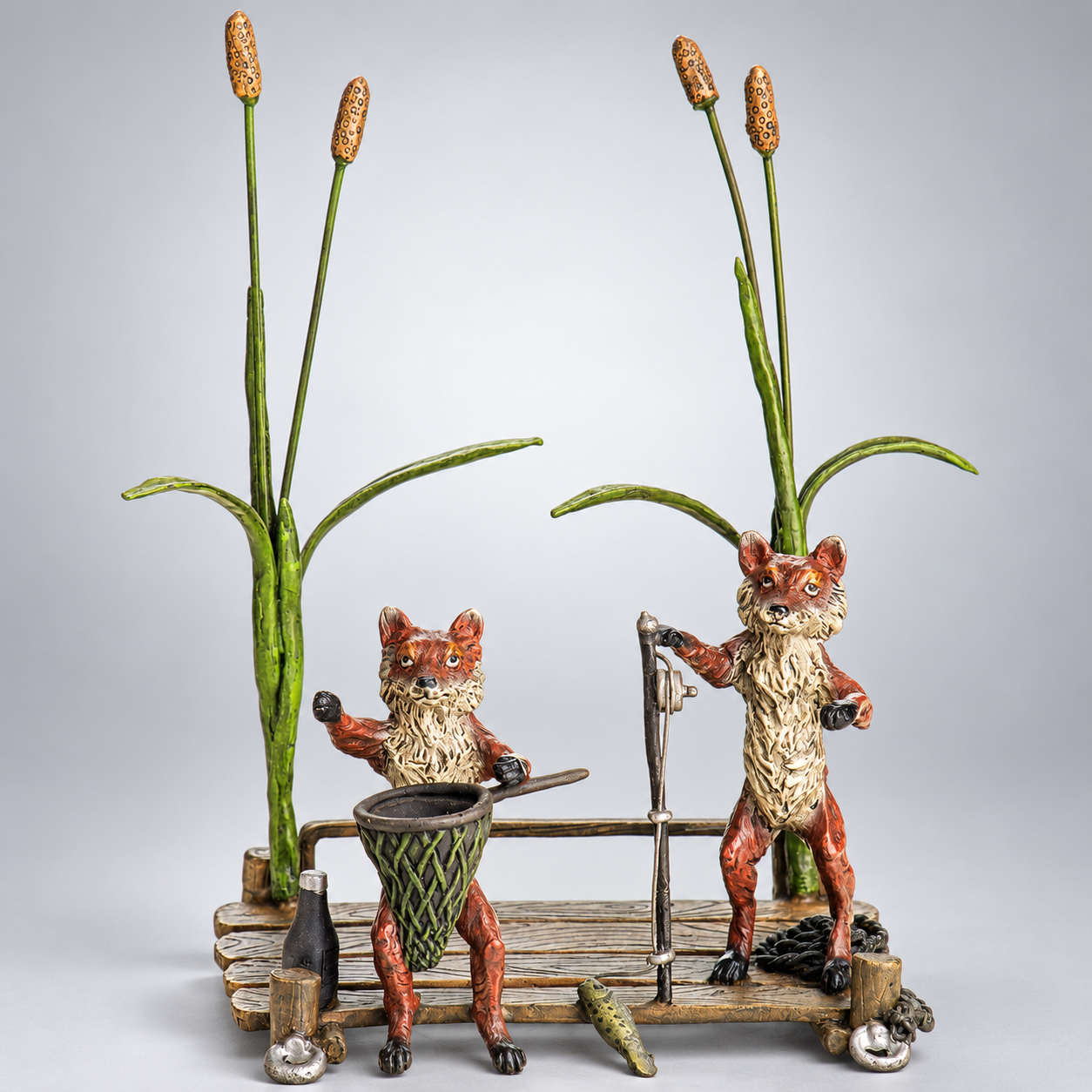 Foxes Fishing Vienna Bronze Figurine – Cold Painted