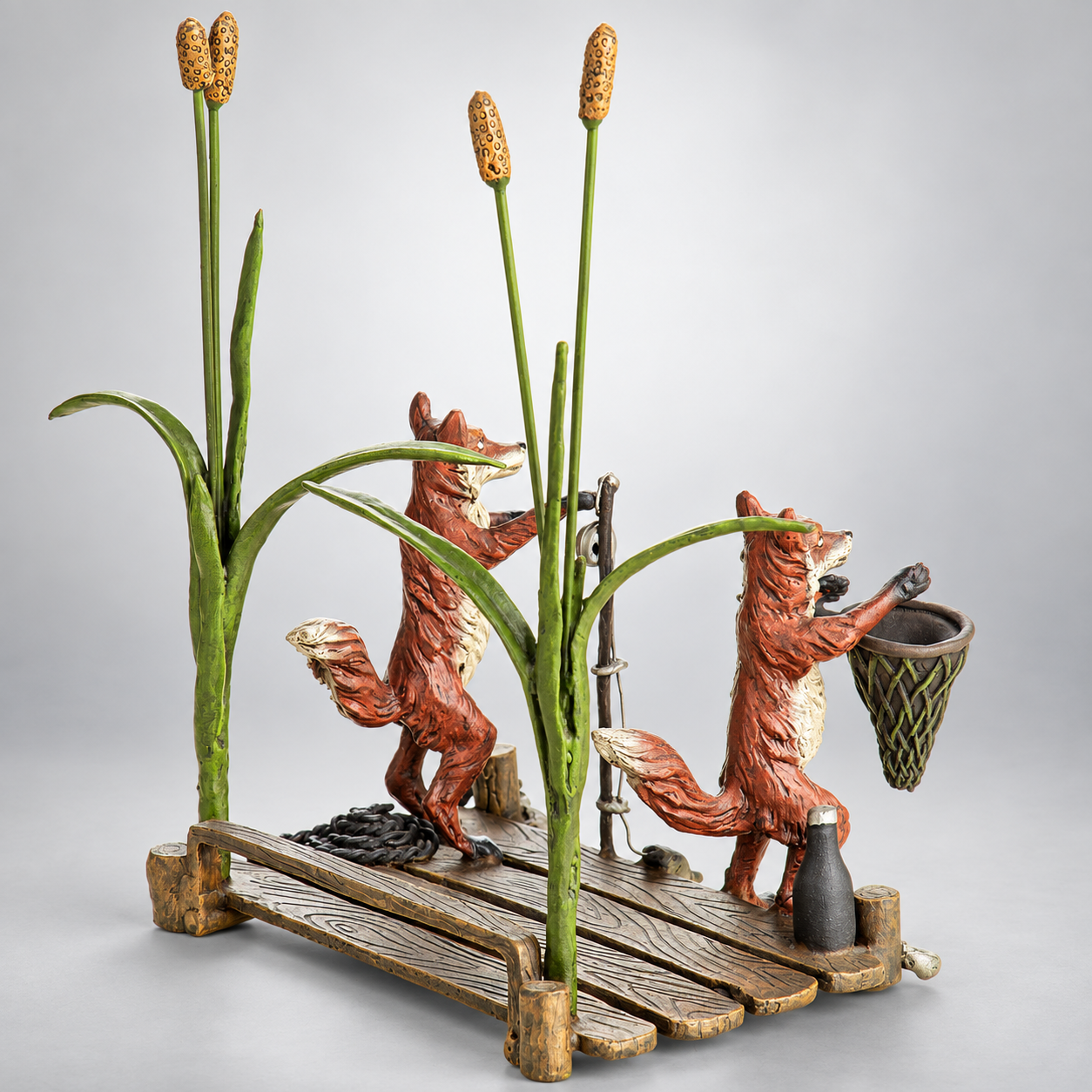 Foxes Fishing Vienna Bronze Figurine – Cold Painted