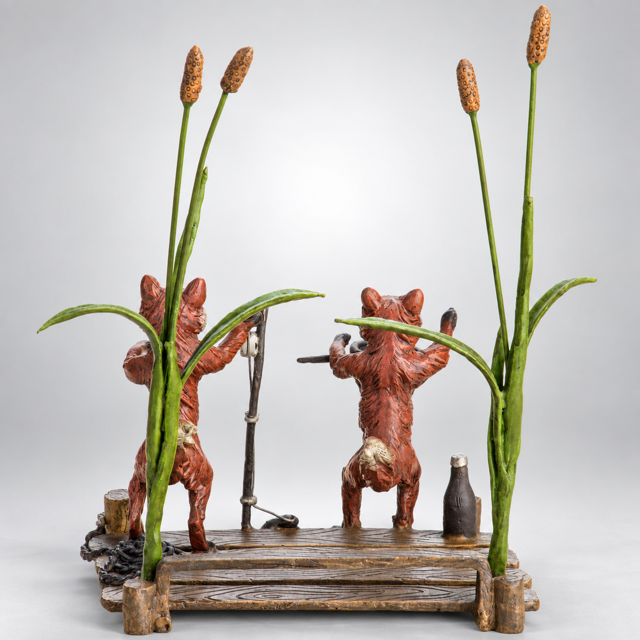 Foxes Fishing Vienna Bronze Figurine – Cold Painted