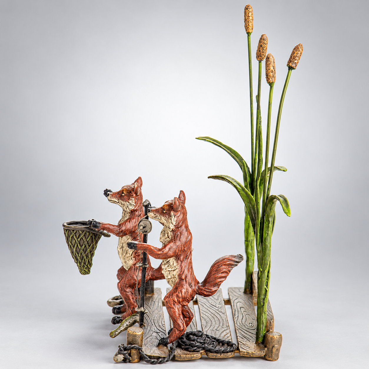 Foxes Fishing Vienna Bronze Figurine – Cold Painted