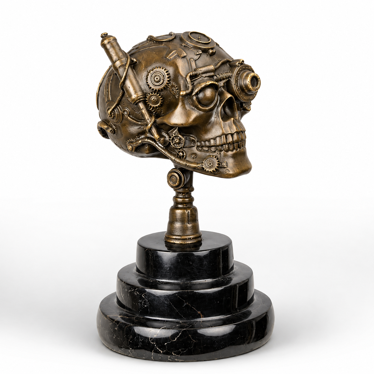 Bronze Steampunk Skull Sculpture with Mechanical Details