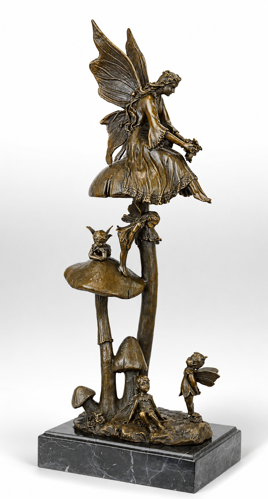 Bronze Sculpture of Fairies Resting and Playing on Mushrooms