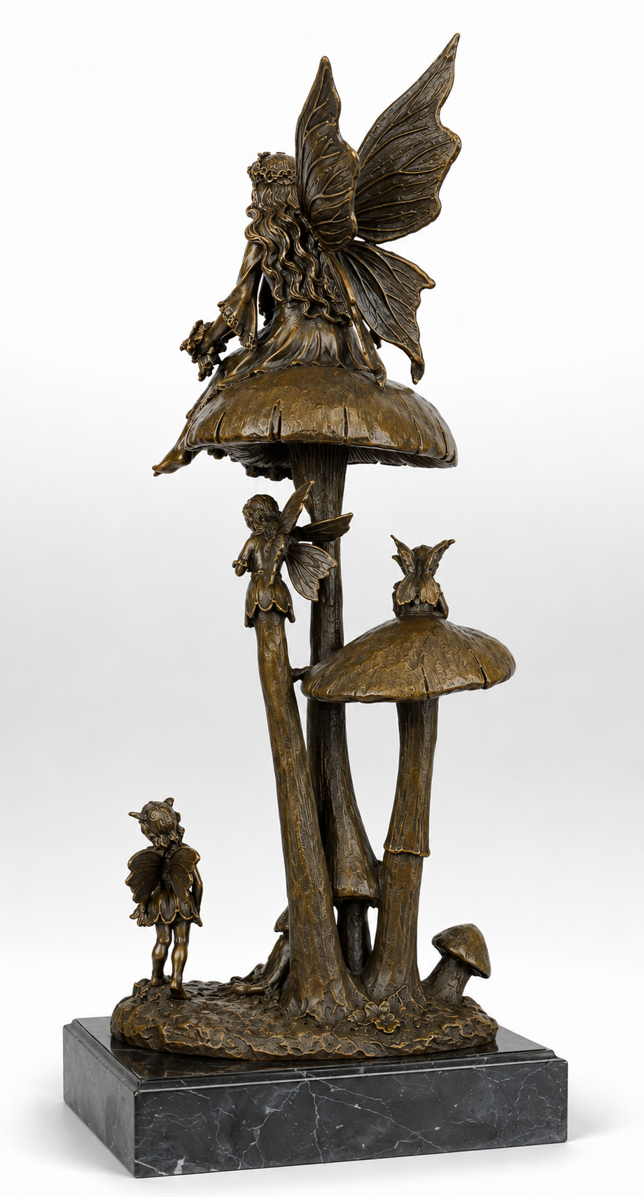Bronze Sculpture of Fairies Resting and Playing on Mushrooms