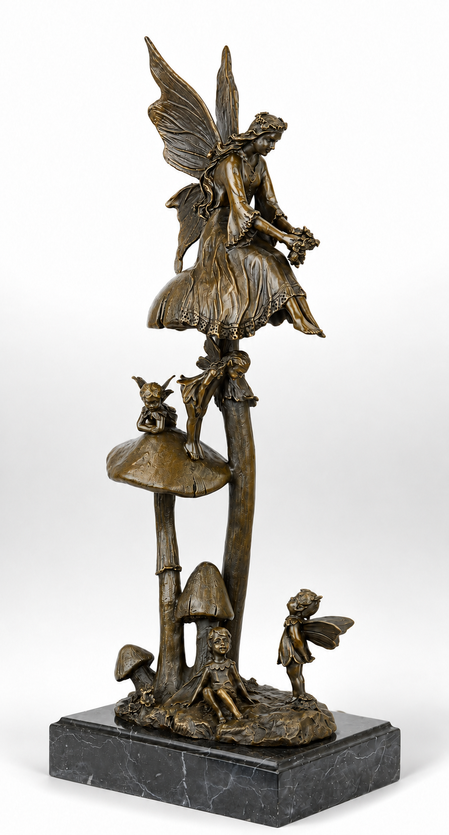 Bronze Sculpture of Fairies Resting and Playing on Mushrooms