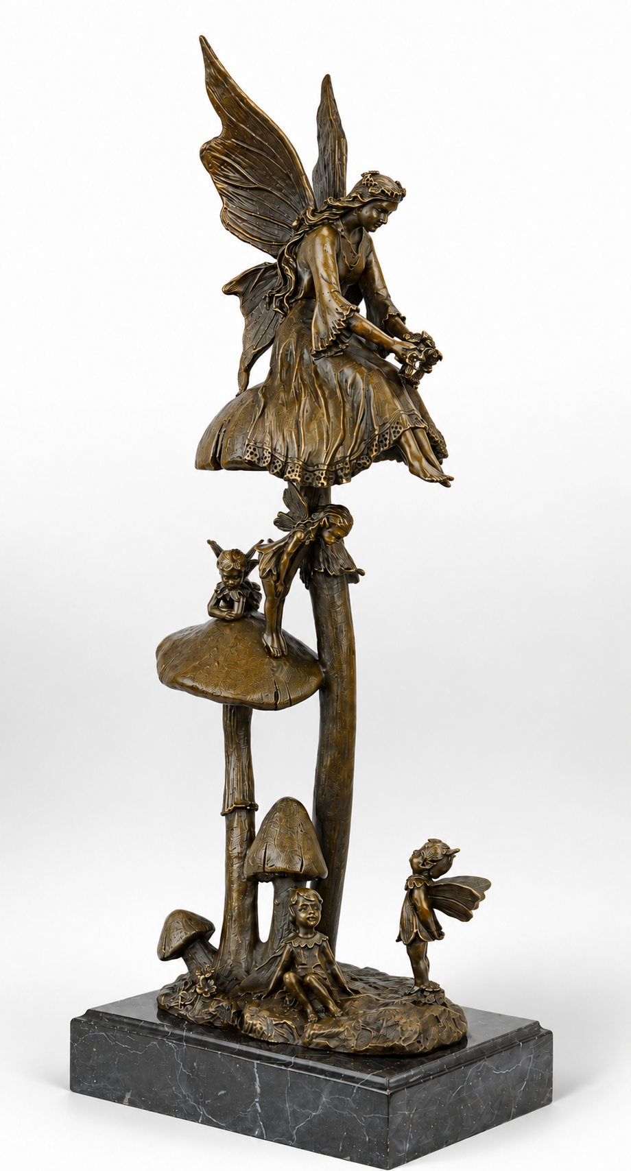 Bronze Sculpture of Fairies Resting and Playing on Mushrooms