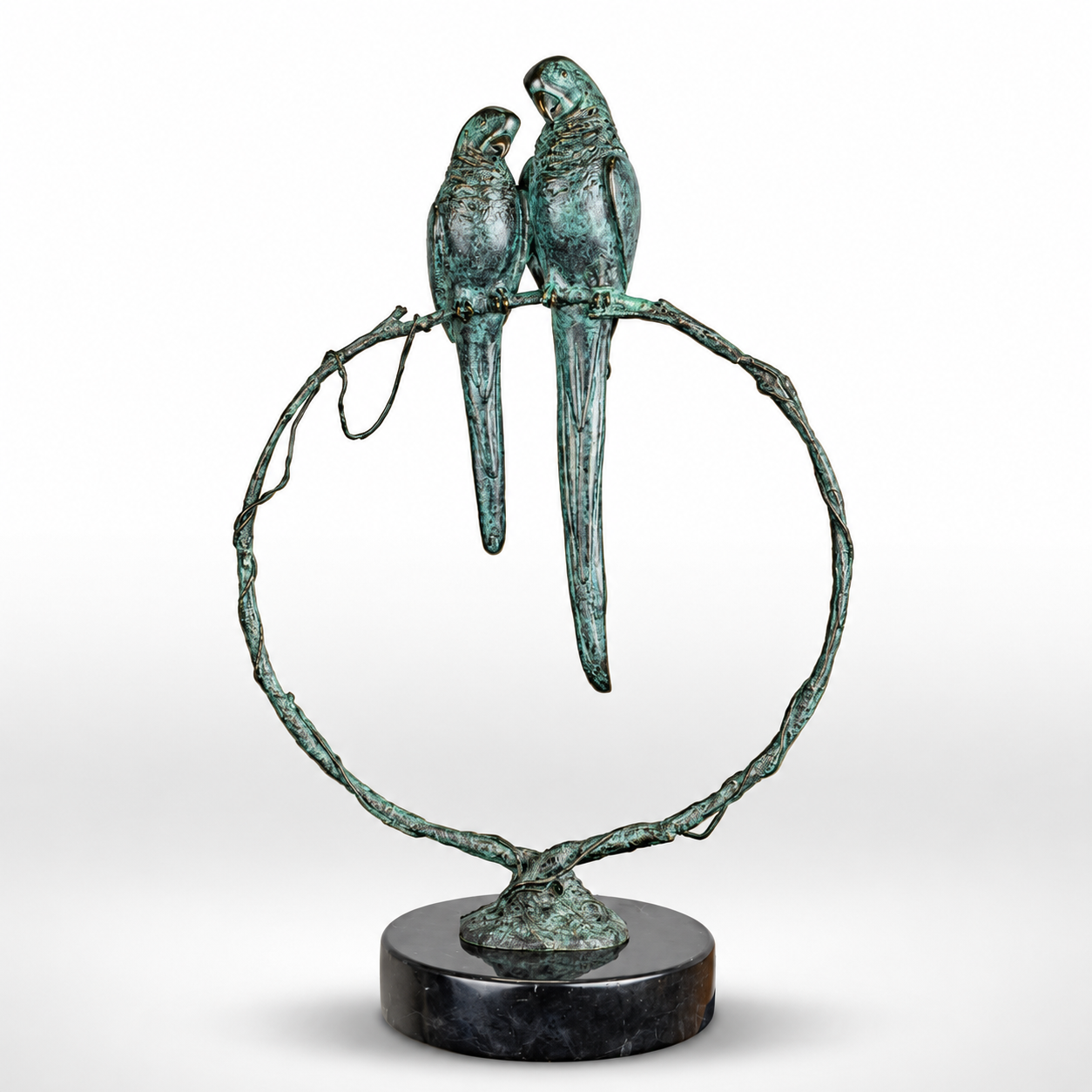Tropical Serenade: Bronze Parrots on a Branch | Animal Sculptures