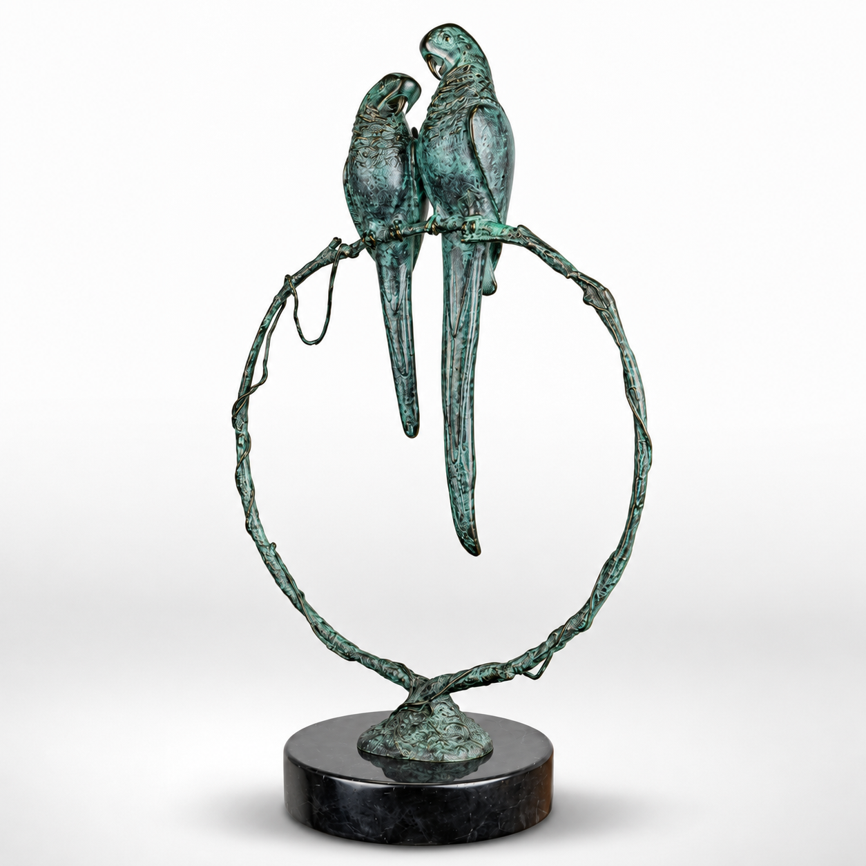 Tropical Serenade: Bronze Parrots on a Branch | Animal Sculptures