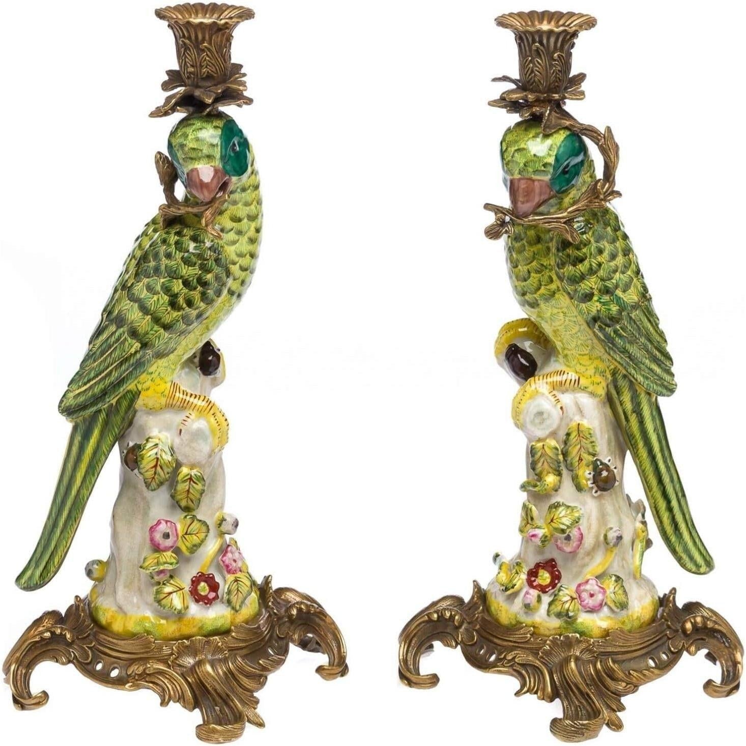 Parrot Candle Holder Statue | Handcrafted Porcelain Decor